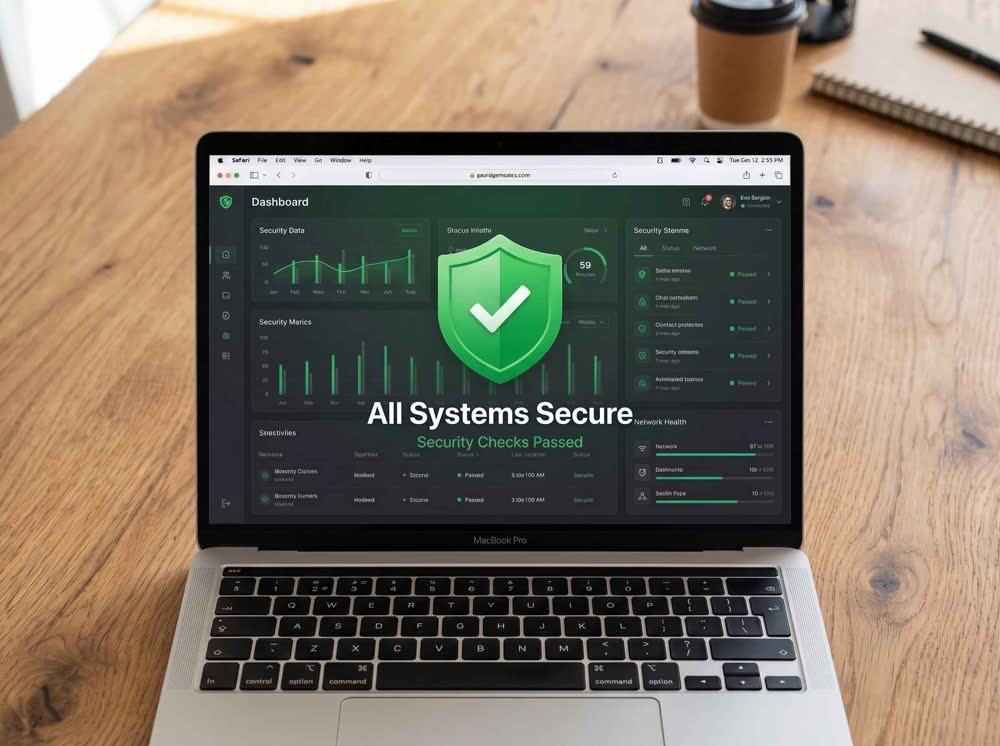 Laptop showing a security dashboard with all systems secure